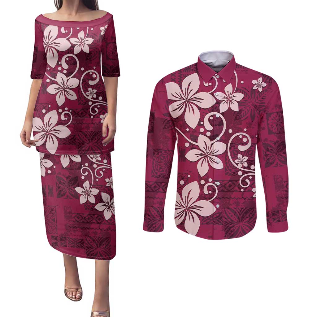 Plumeria Floral Tapa Pattern Ruby Pink Couples Matching Puletasi and Long Sleeve Button Shirt LT01 Pink - Polynesian Pride