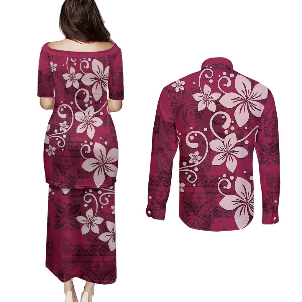 Plumeria Floral Tapa Pattern Ruby Pink Couples Matching Puletasi and Long Sleeve Button Shirt LT01 - Polynesian Pride