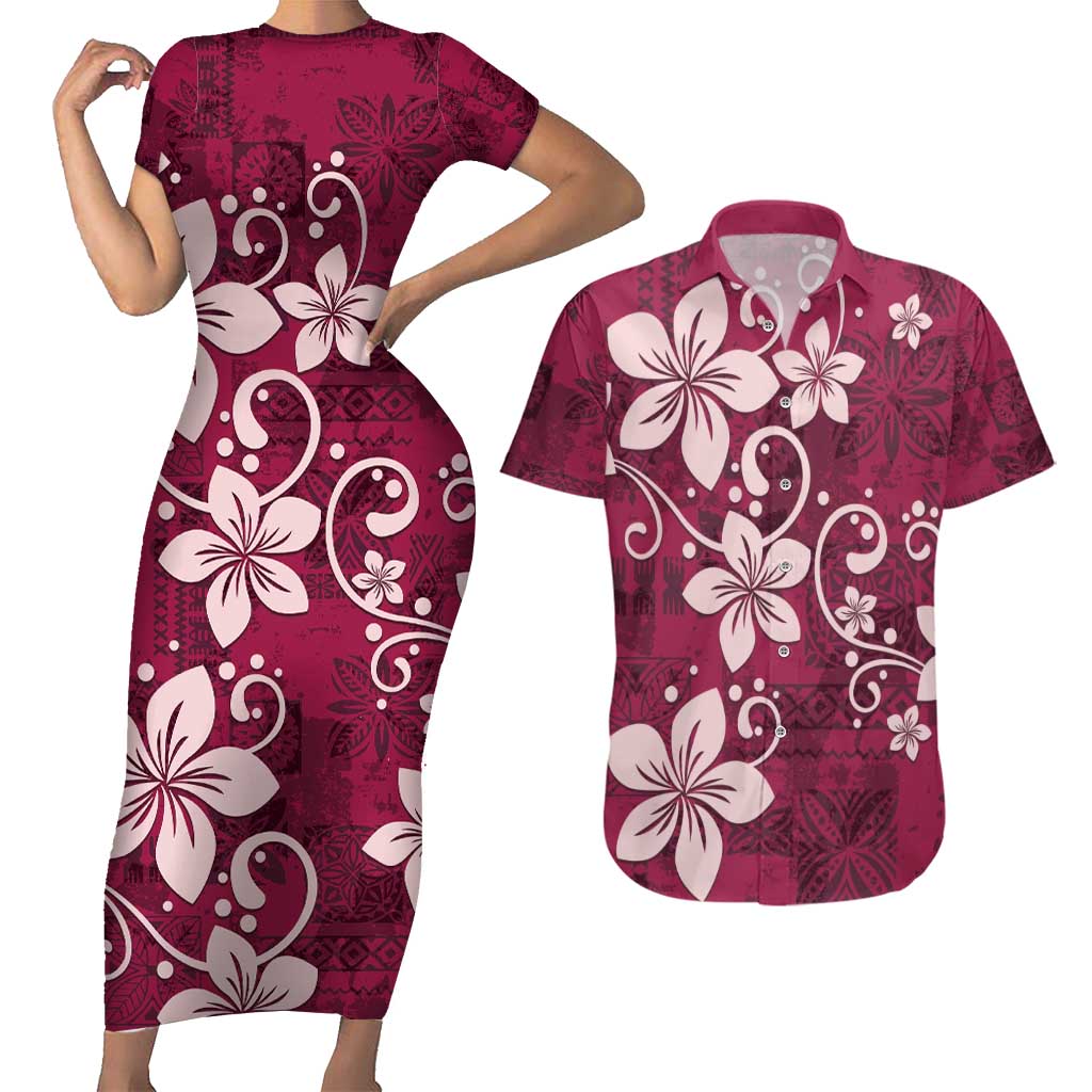 Plumeria Floral Tapa Pattern Ruby Pink Couples Matching Short Sleeve Bodycon Dress and Hawaiian Shirt LT01 Pink - Polynesian Pride
