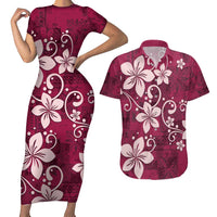 Plumeria Floral Tapa Pattern Ruby Pink Couples Matching Short Sleeve Bodycon Dress and Hawaiian Shirt LT01 Pink - Polynesian Pride