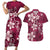 Plumeria Floral Tapa Pattern Ruby Pink Couples Matching Short Sleeve Bodycon Dress and Hawaiian Shirt