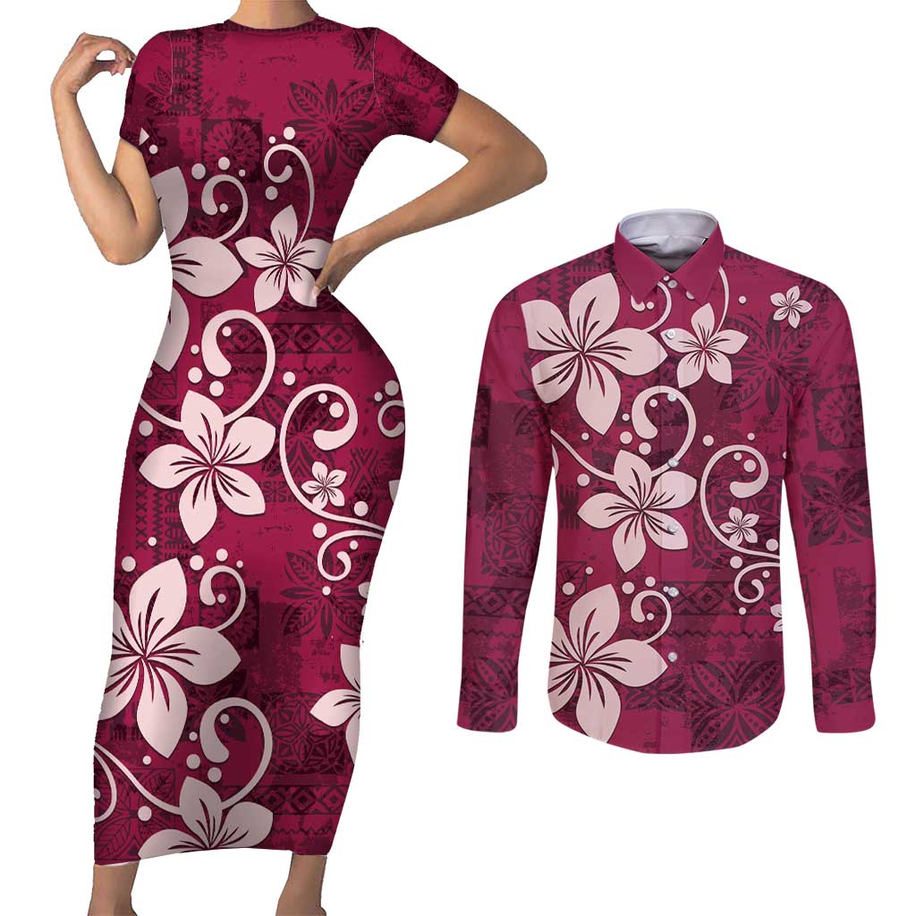 Plumeria Floral Tapa Pattern Ruby Pink Couples Matching Short Sleeve Bodycon Dress and Long Sleeve Button Shirt LT01 Pink - Polynesian Pride