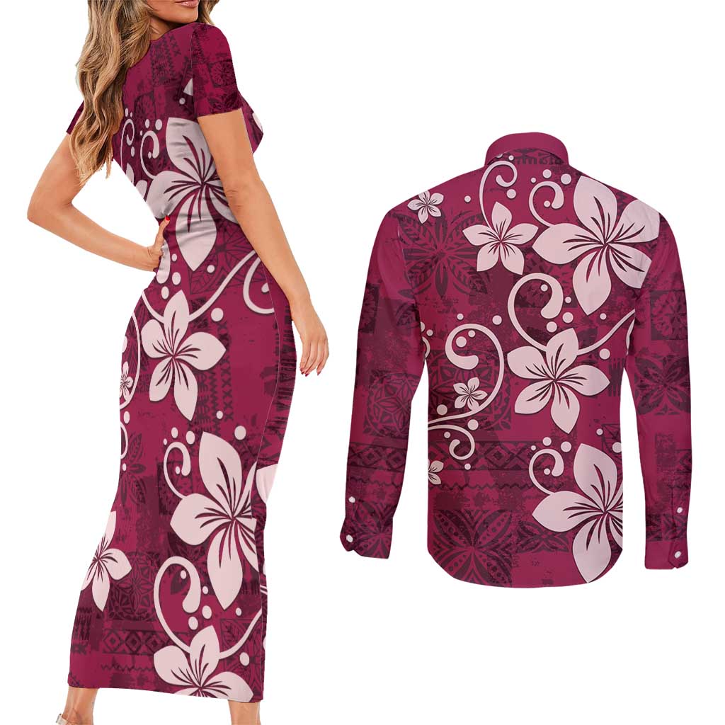 Plumeria Floral Tapa Pattern Ruby Pink Couples Matching Short Sleeve Bodycon Dress and Long Sleeve Button Shirt LT01 - Polynesian Pride