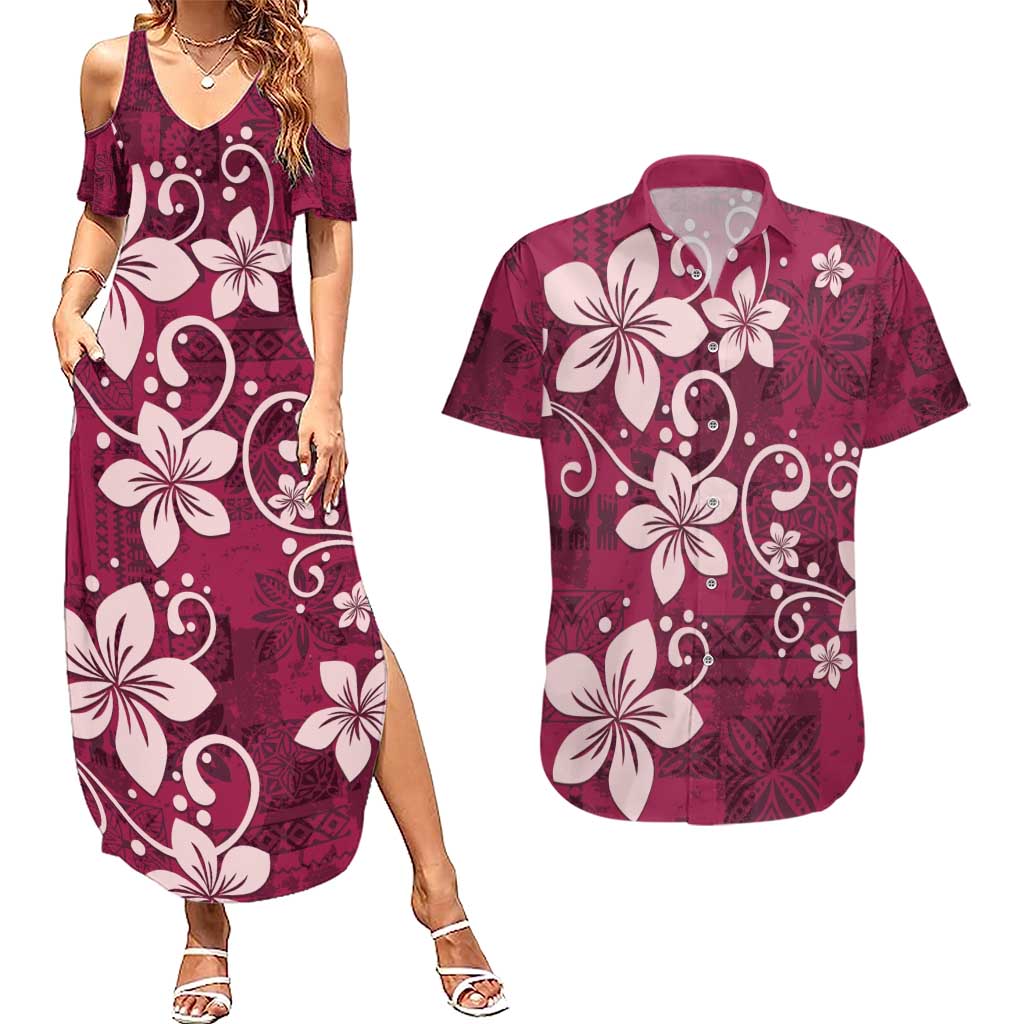 Plumeria Floral Tapa Pattern Ruby Pink Couples Matching Summer Maxi Dress and Hawaiian Shirt LT01 Pink - Polynesian Pride