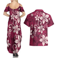 Plumeria Floral Tapa Pattern Ruby Pink Couples Matching Summer Maxi Dress and Hawaiian Shirt LT01 - Polynesian Pride