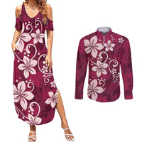 Plumeria Floral Tapa Pattern Ruby Pink Couples Matching Summer Maxi Dress and Long Sleeve Button Shirt LT01 Pink - Polynesian Pride