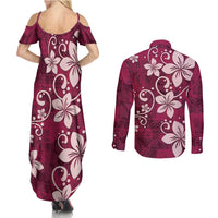 Plumeria Floral Tapa Pattern Ruby Pink Couples Matching Summer Maxi Dress and Long Sleeve Button Shirt LT01 - Polynesian Pride