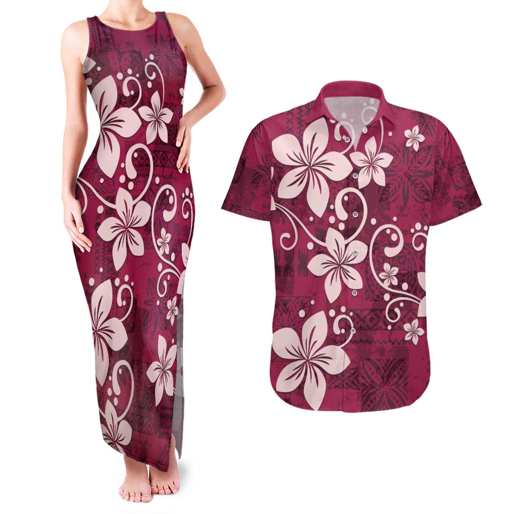 Plumeria Floral Tapa Pattern Ruby Pink Couples Matching Tank Maxi Dress and Hawaiian Shirt LT01 Pink - Polynesian Pride