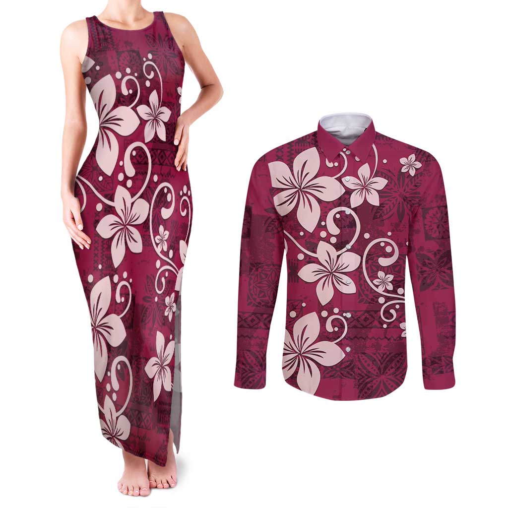 Plumeria Floral Tapa Pattern Ruby Pink Couples Matching Tank Maxi Dress and Long Sleeve Button Shirt LT01 Pink - Polynesian Pride