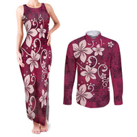 Plumeria Floral Tapa Pattern Ruby Pink Couples Matching Tank Maxi Dress and Long Sleeve Button Shirt LT01 Pink - Polynesian Pride