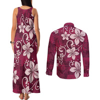 Plumeria Floral Tapa Pattern Ruby Pink Couples Matching Tank Maxi Dress and Long Sleeve Button Shirt LT01 - Polynesian Pride