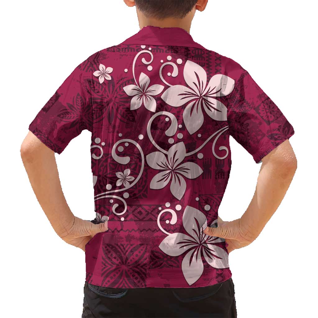 Plumeria Floral Tapa Pattern Ruby Pink Family Matching Long Sleeve Bodycon Dress and Hawaiian Shirt LT01 - Polynesian Pride
