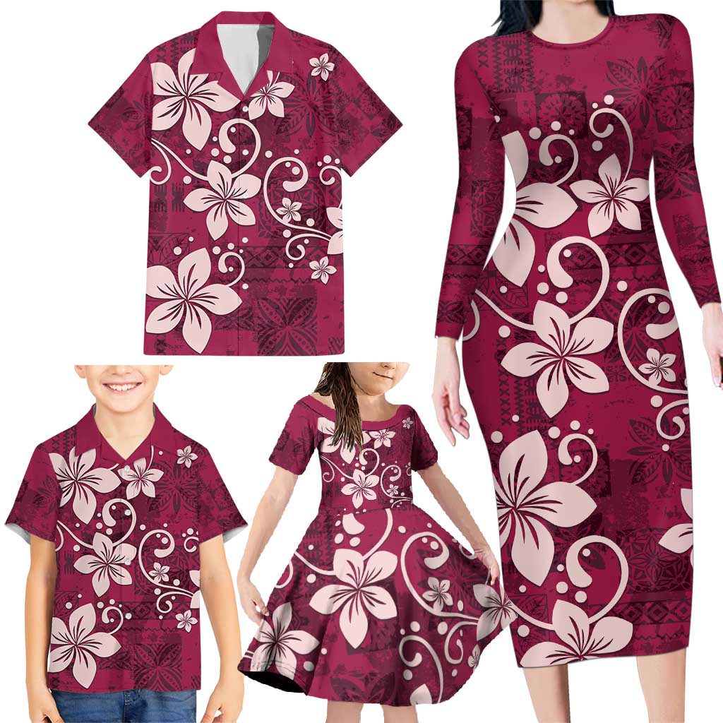 Plumeria Floral Tapa Pattern Ruby Pink Family Matching Long Sleeve Bodycon Dress and Hawaiian Shirt