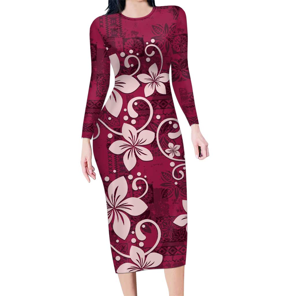 Plumeria Floral Tapa Pattern Ruby Pink Family Matching Long Sleeve Bodycon Dress and Hawaiian Shirt LT01 Mom's Dress Pink - Polynesian Pride