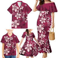 Plumeria Floral Tapa Pattern Ruby Pink Family Matching Mermaid Dress and Hawaiian Shirt LT01 - Polynesian Pride