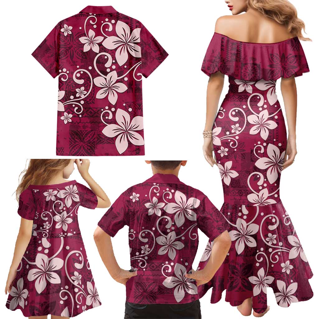 Plumeria Floral Tapa Pattern Ruby Pink Family Matching Mermaid Dress and Hawaiian Shirt LT01 - Polynesian Pride