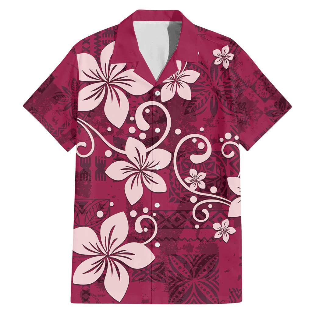Plumeria Floral Tapa Pattern Ruby Pink Family Matching Mermaid Dress and Hawaiian Shirt LT01 Dad's Shirt - Short Sleeve Pink - Polynesian Pride