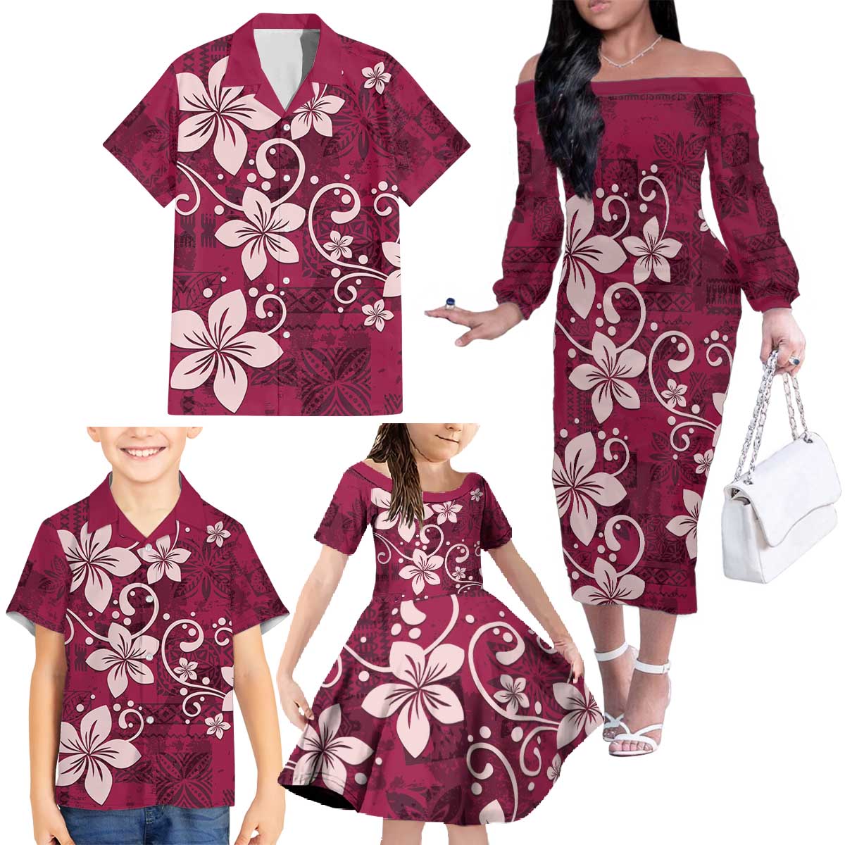 Plumeria Floral Tapa Pattern Ruby Pink Family Matching Off The Shoulder Long Sleeve Dress and Hawaiian Shirt