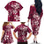 Plumeria Floral Tapa Pattern Ruby Pink Family Matching Off The Shoulder Long Sleeve Dress and Hawaiian Shirt