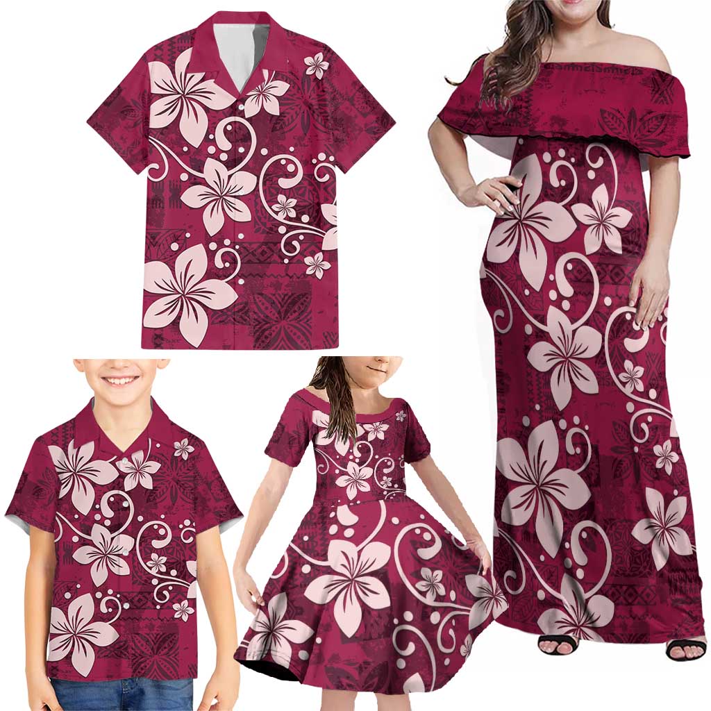 Plumeria Floral Tapa Pattern Ruby Pink Family Matching Off Shoulder Maxi Dress and Hawaiian Shirt LT01 - Polynesian Pride