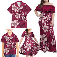 Plumeria Floral Tapa Pattern Ruby Pink Family Matching Off Shoulder Maxi Dress and Hawaiian Shirt LT01 - Polynesian Pride