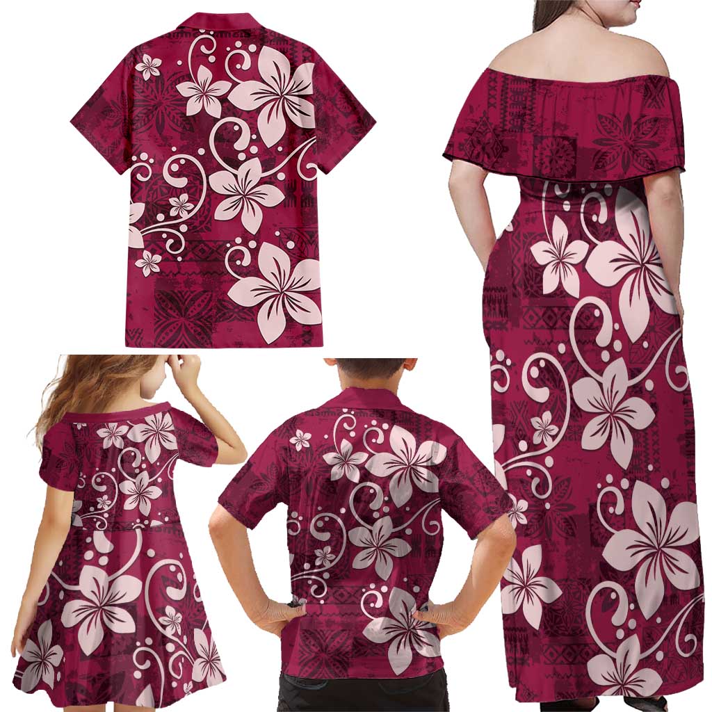 Plumeria Floral Tapa Pattern Ruby Pink Family Matching Off Shoulder Maxi Dress and Hawaiian Shirt LT01 - Polynesian Pride