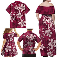 Plumeria Floral Tapa Pattern Ruby Pink Family Matching Off Shoulder Maxi Dress and Hawaiian Shirt LT01 - Polynesian Pride