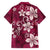 Plumeria Floral Tapa Pattern Ruby Pink Family Matching Off Shoulder Maxi Dress and Hawaiian Shirt