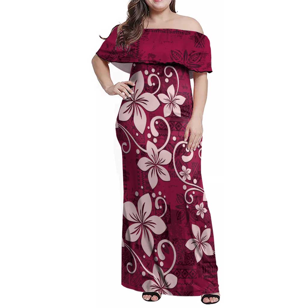Plumeria Floral Tapa Pattern Ruby Pink Family Matching Off Shoulder Maxi Dress and Hawaiian Shirt LT01 Mom's Dress Pink - Polynesian Pride