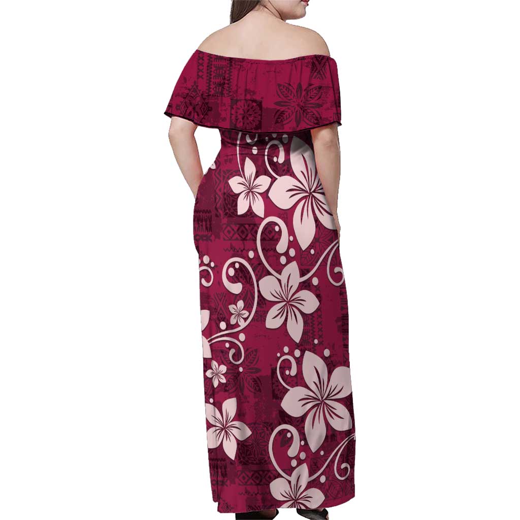 Plumeria Floral Tapa Pattern Ruby Pink Family Matching Off Shoulder Maxi Dress and Hawaiian Shirt LT01 - Polynesian Pride