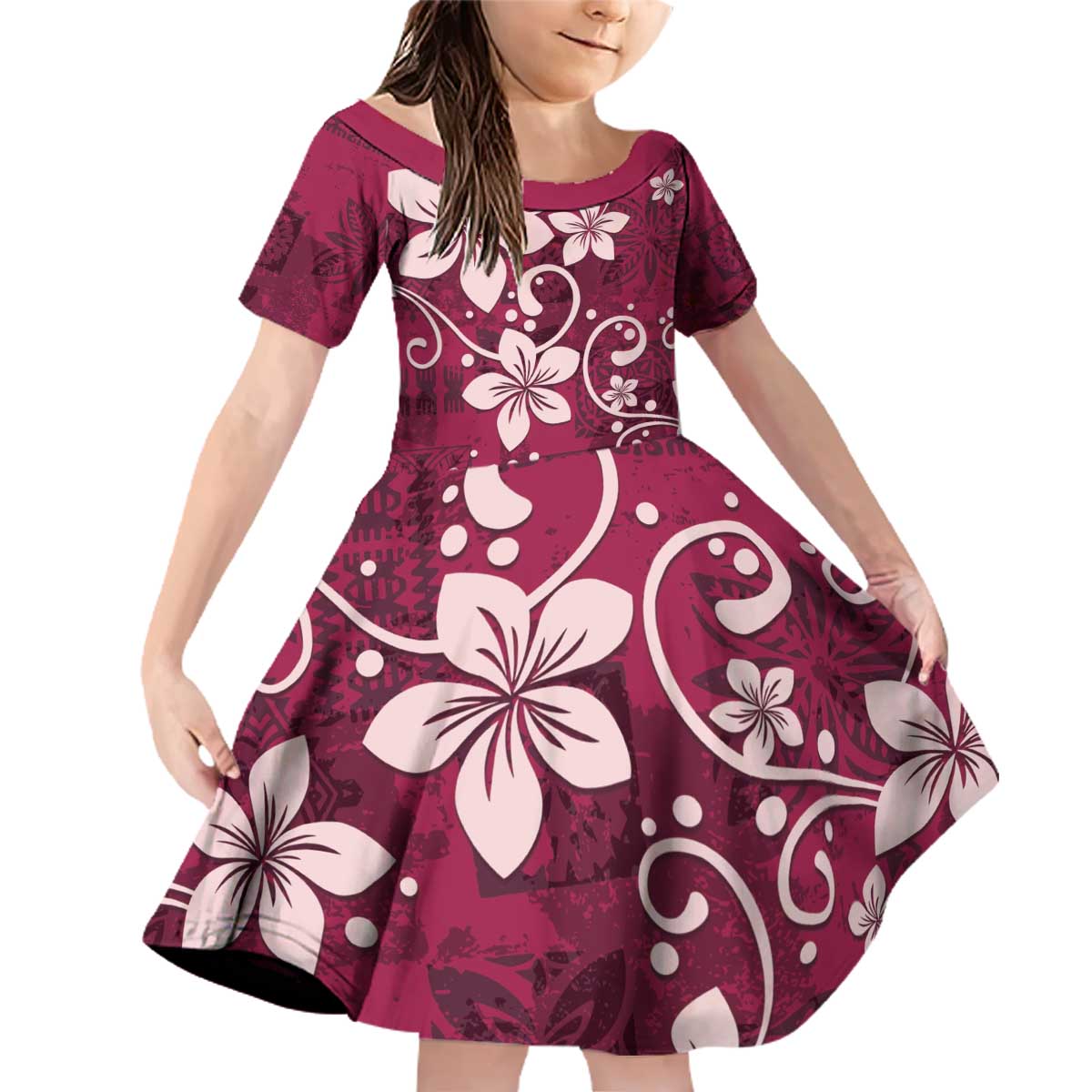 Plumeria Floral Tapa Pattern Ruby Pink Family Matching Off Shoulder Short Dress and Hawaiian Shirt LT01 Daughter's Dress Pink - Polynesian Pride