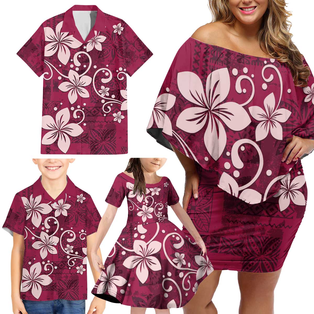 Plumeria Floral Tapa Pattern Ruby Pink Family Matching Off Shoulder Short Dress and Hawaiian Shirt