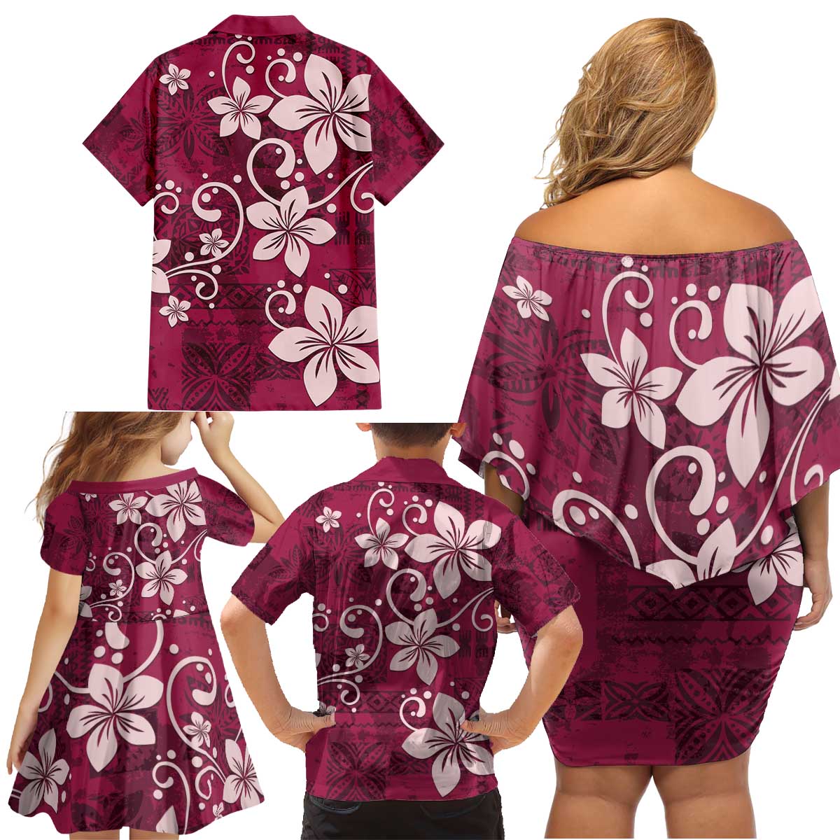 Plumeria Floral Tapa Pattern Ruby Pink Family Matching Off Shoulder Short Dress and Hawaiian Shirt LT01 - Polynesian Pride