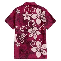 Plumeria Floral Tapa Pattern Ruby Pink Family Matching Off Shoulder Short Dress and Hawaiian Shirt LT01 - Polynesian Pride