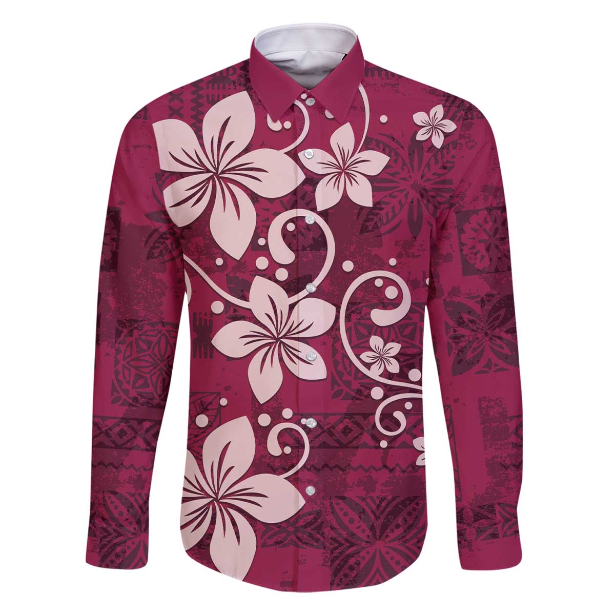 Plumeria Floral Tapa Pattern Ruby Pink Family Matching Off Shoulder Short Dress and Hawaiian Shirt LT01 Dad's Shirt - Long Sleeve Pink - Polynesian Pride