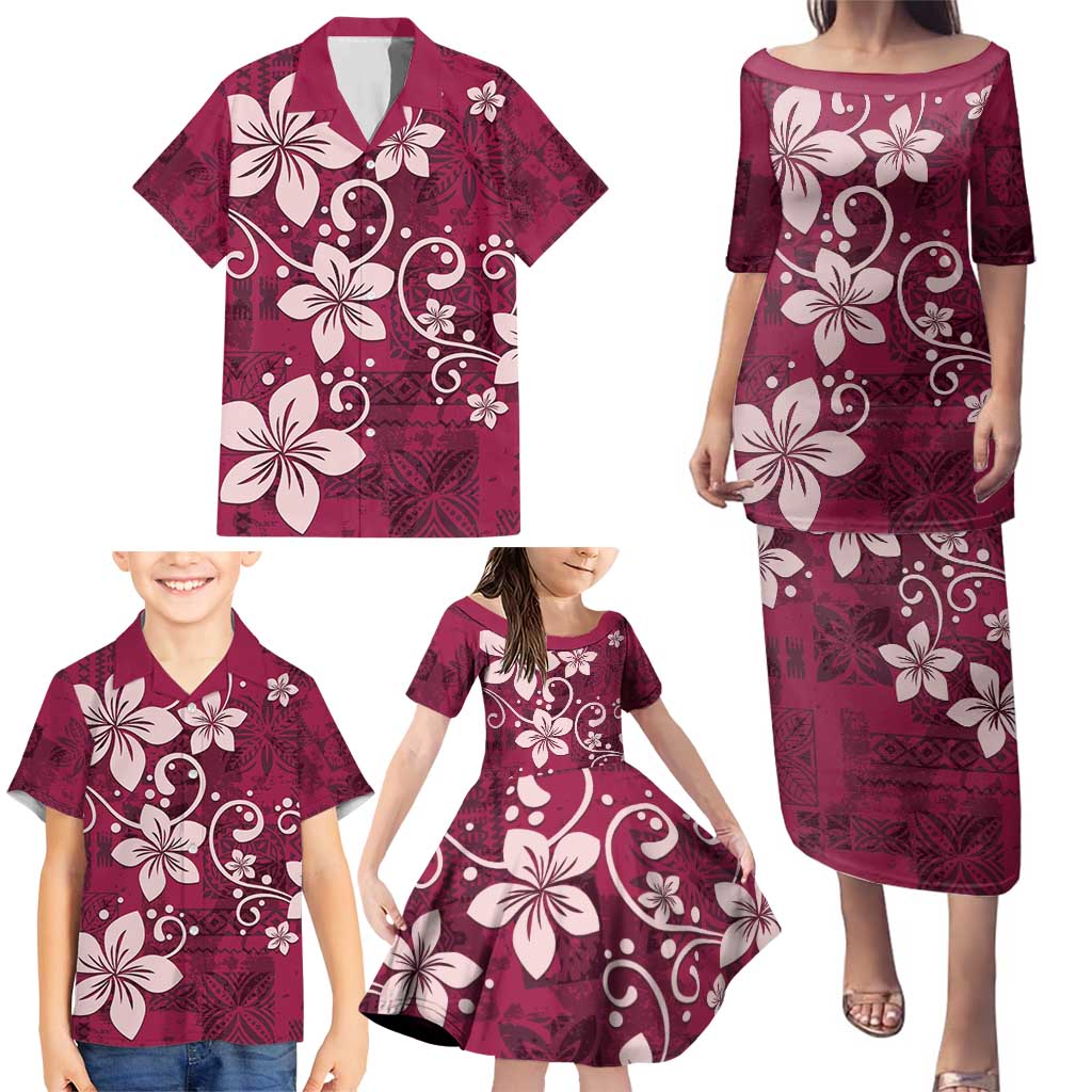 Plumeria Floral Tapa Pattern Ruby Pink Family Matching Puletasi and Hawaiian Shirt