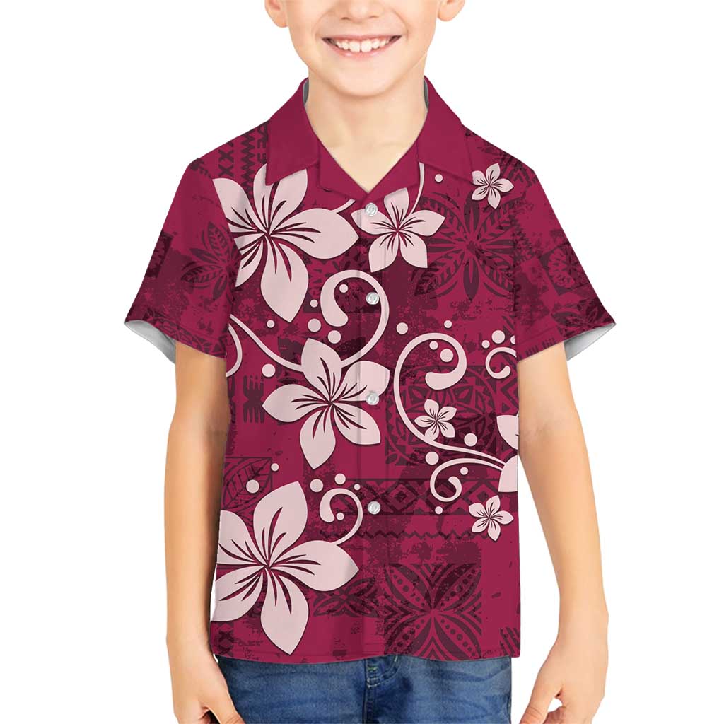 Plumeria Floral Tapa Pattern Ruby Pink Family Matching Puletasi and Hawaiian Shirt