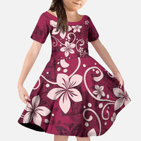 Plumeria Floral Tapa Pattern Ruby Pink Family Matching Short Sleeve Bodycon Dress and Hawaiian Shirt LT01 Daughter's Dress Pink - Polynesian Pride