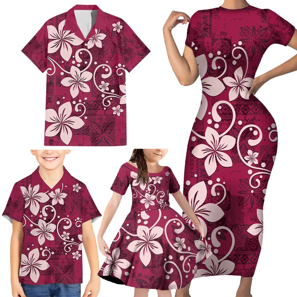 Plumeria Floral Tapa Pattern Ruby Pink Family Matching Short Sleeve Bodycon Dress and Hawaiian Shirt LT01 - Polynesian Pride