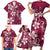 Plumeria Floral Tapa Pattern Ruby Pink Family Matching Short Sleeve Bodycon Dress and Hawaiian Shirt