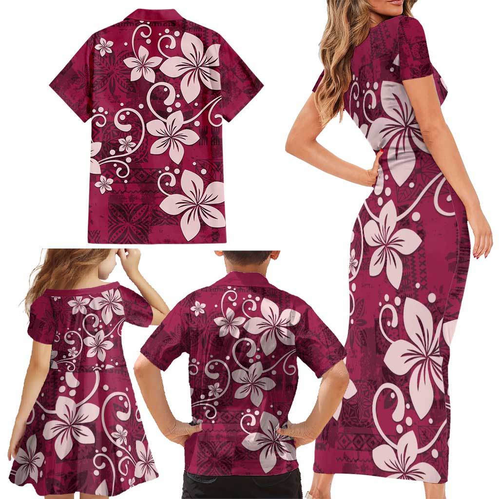 Plumeria Floral Tapa Pattern Ruby Pink Family Matching Short Sleeve Bodycon Dress and Hawaiian Shirt LT01 - Polynesian Pride