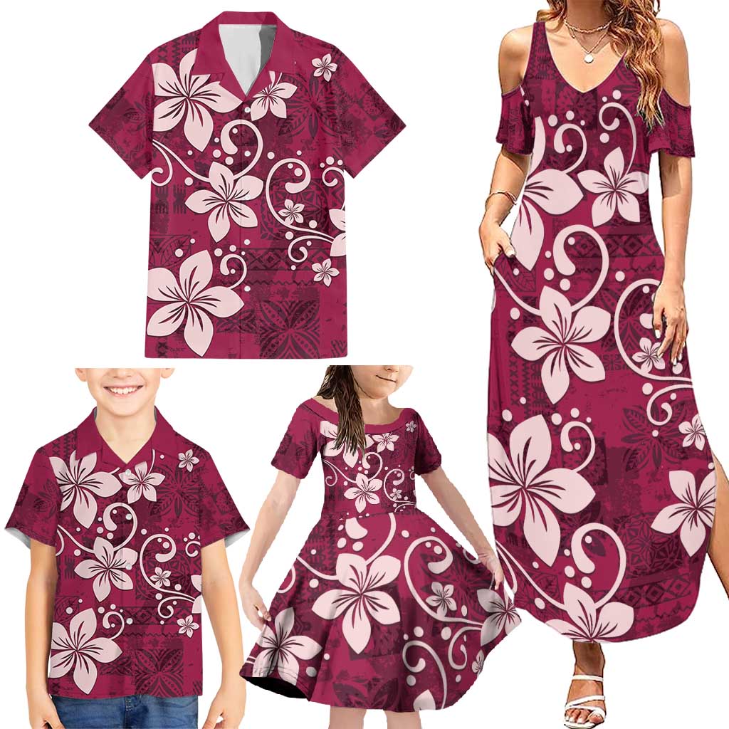 Plumeria Floral Tapa Pattern Ruby Pink Family Matching Summer Maxi Dress and Hawaiian Shirt LT01 - Polynesian Pride