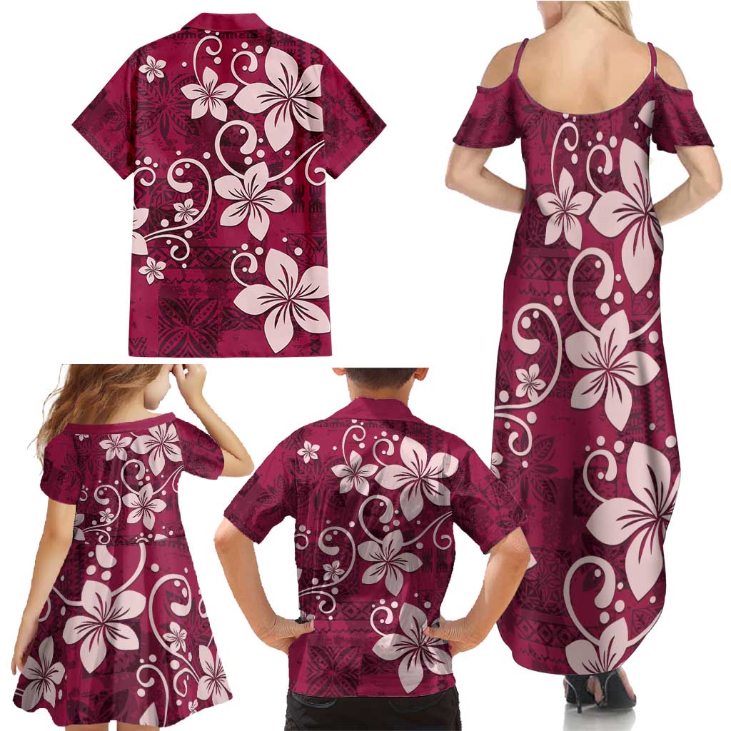 Plumeria Floral Tapa Pattern Ruby Pink Family Matching Summer Maxi Dress and Hawaiian Shirt LT01 - Polynesian Pride