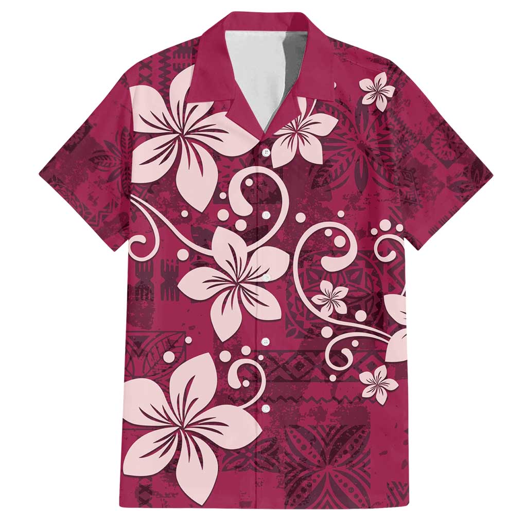 Plumeria Floral Tapa Pattern Ruby Pink Family Matching Summer Maxi Dress and Hawaiian Shirt LT01 Dad's Shirt - Short Sleeve Pink - Polynesian Pride