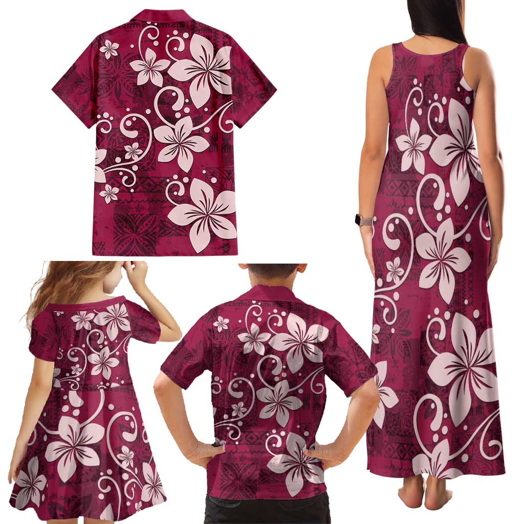 Plumeria Floral Tapa Pattern Ruby Pink Family Matching Tank Maxi Dress and Hawaiian Shirt LT01 - Polynesian Pride