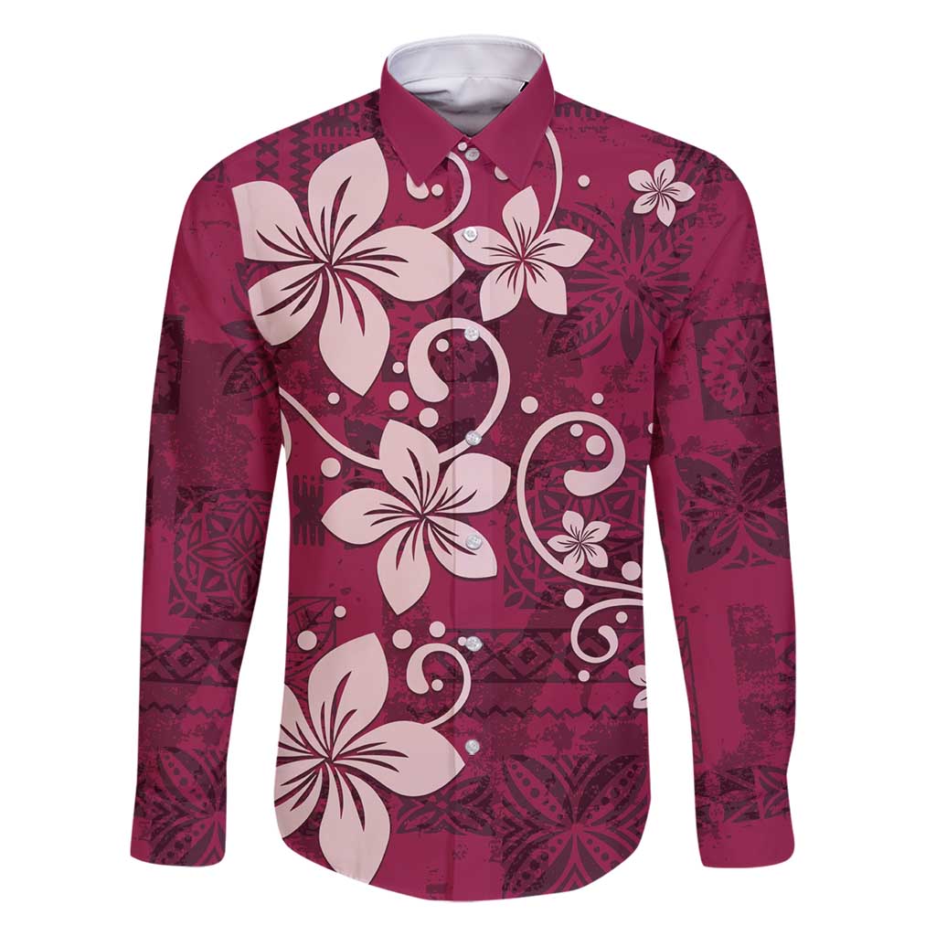 Plumeria Floral Tapa Pattern Ruby Pink Family Matching Tank Maxi Dress and Hawaiian Shirt LT01 Dad's Shirt - Long Sleeve Pink - Polynesian Pride
