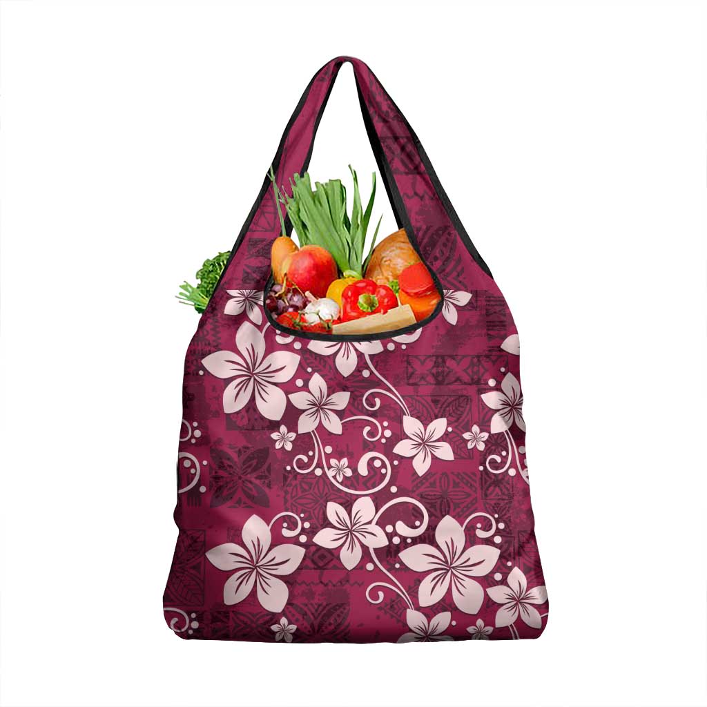 Plumeria Floral Tapa Pattern Ruby Pink Grocery Bag LT01 1-pack One Size Pink - Polynesian Pride