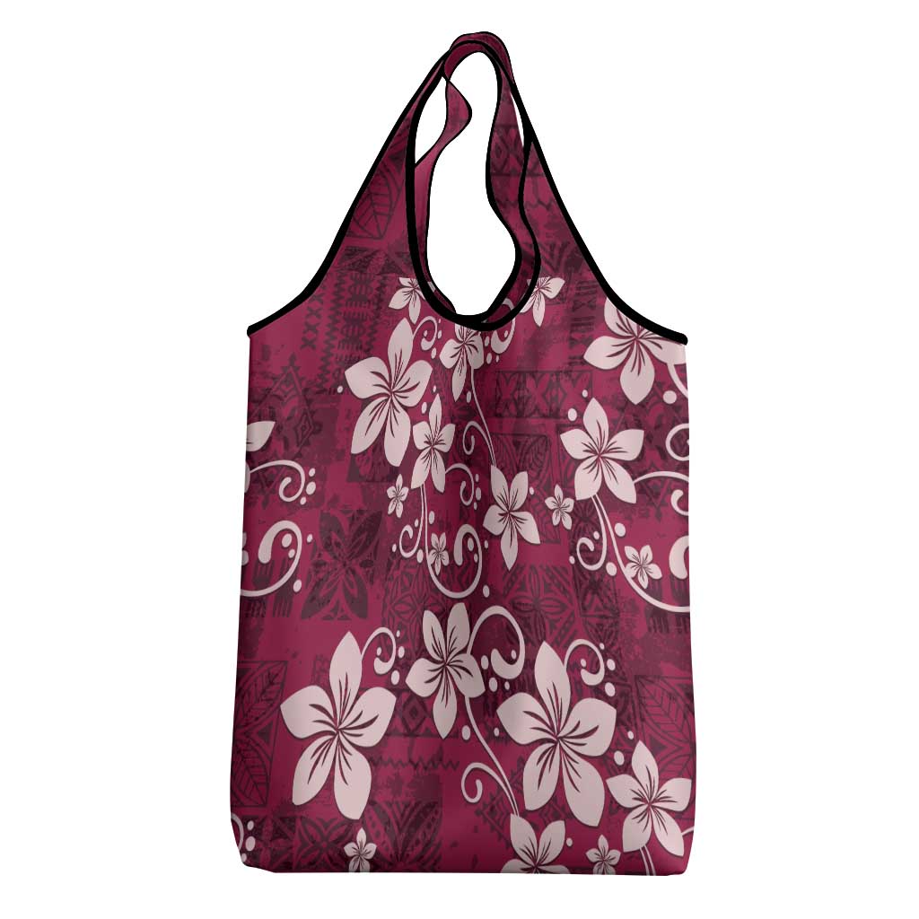 Plumeria Floral Tapa Pattern Ruby Pink Grocery Bag LT01 - Polynesian Pride