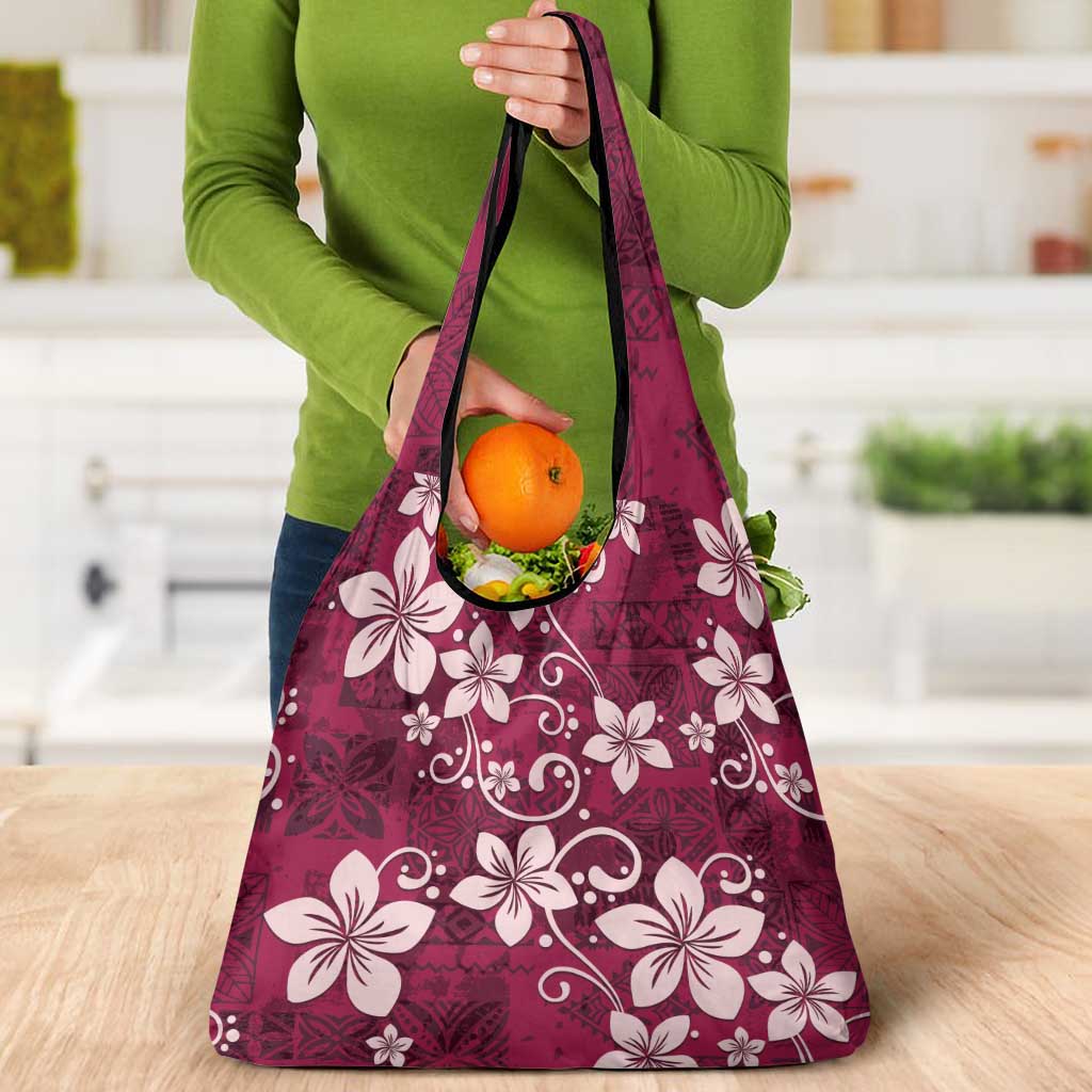 Plumeria Floral Tapa Pattern Ruby Pink Grocery Bag LT01 - Polynesian Pride