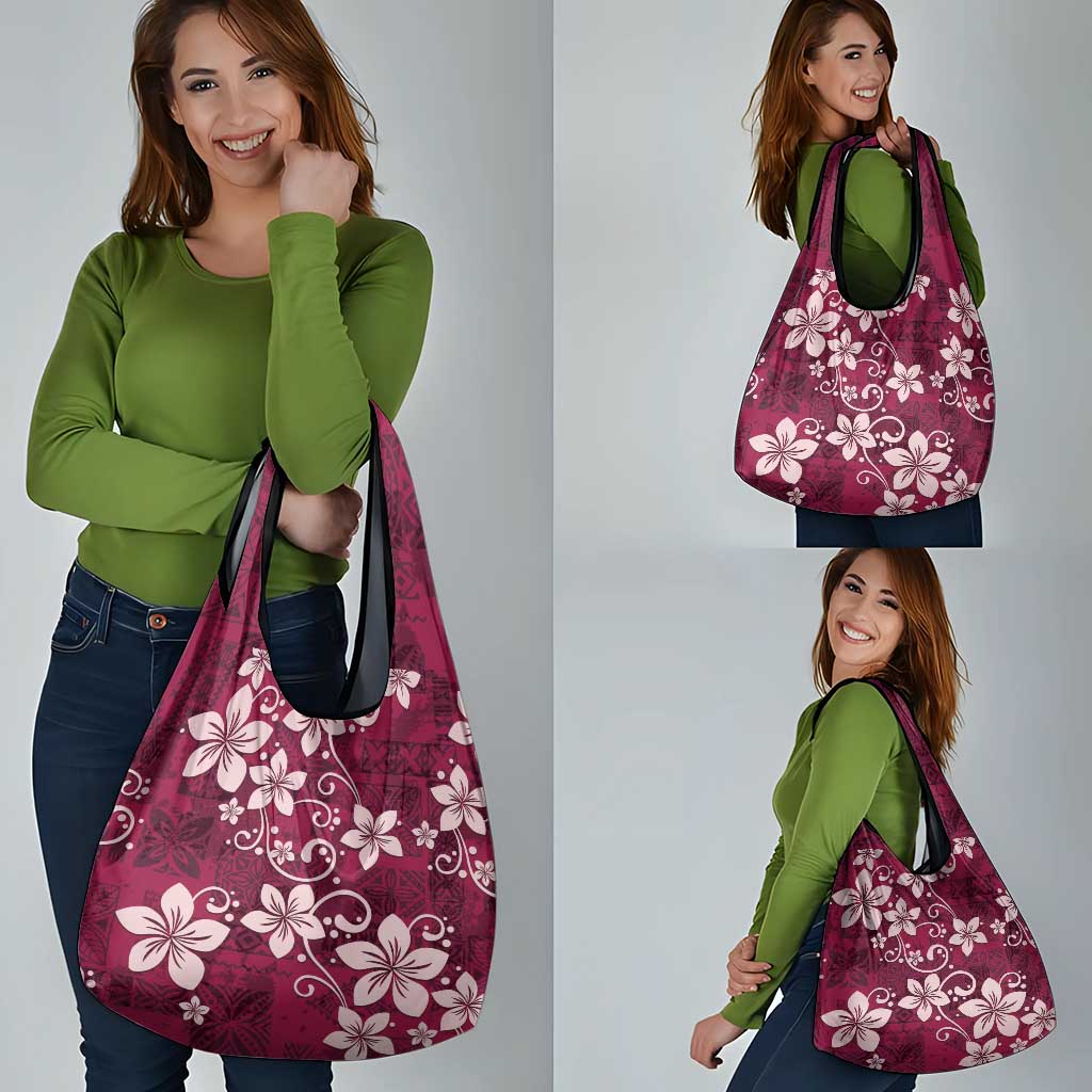 Plumeria Floral Tapa Pattern Ruby Pink Grocery Bag LT01 - Polynesian Pride